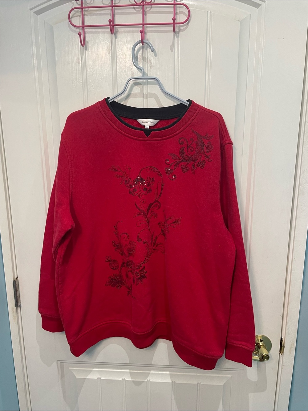 Northern Reflections Red Crewneck Sweater with Black Floral Embroidery
